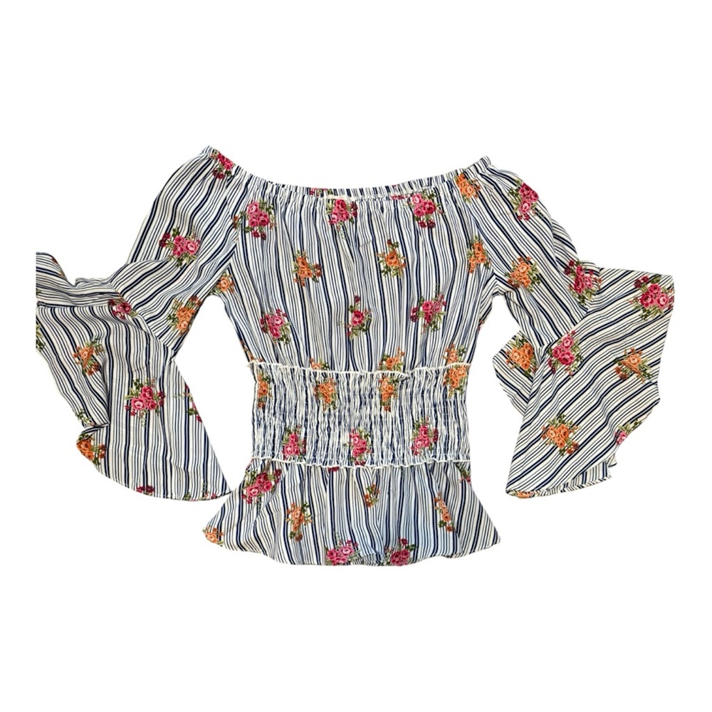 Timing White & Navy Striped Off-Shoulder Top with Pink & Orange Floral Print